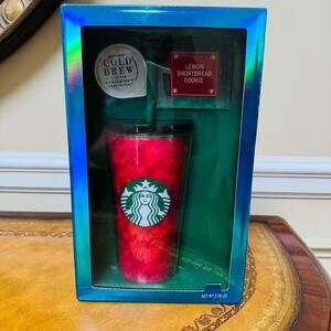 Starbucks 16 oz Cold Brew Coffee Cup Red Tumbler Fa La La Gift Set Reusable NEW